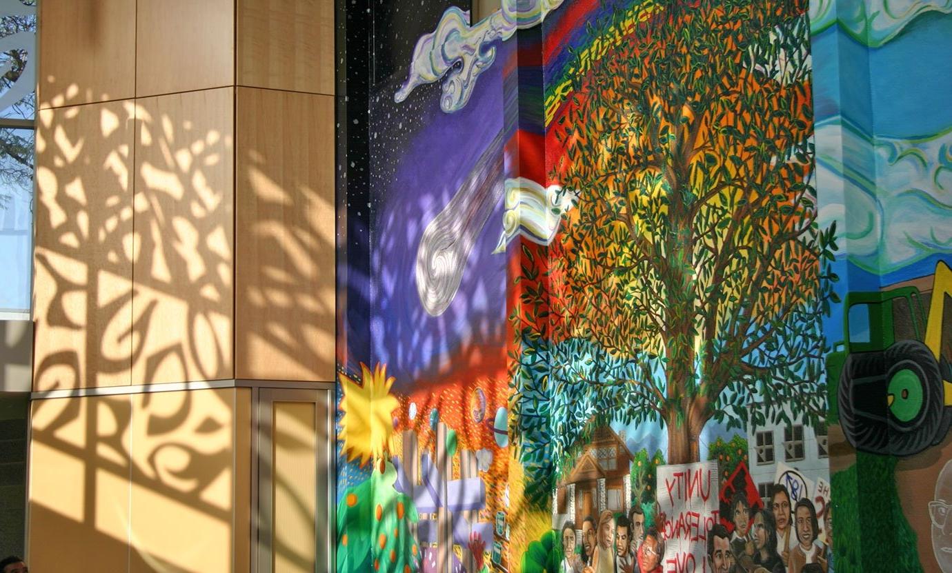 A view of the mural in benson auditorium